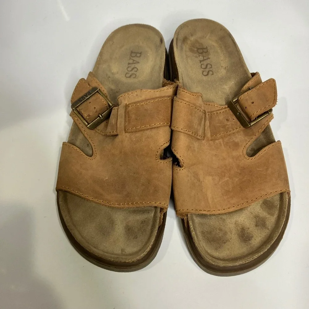 Bass tan leather slides cork Footbed men's size‎ 12 cottagecore trendy casual